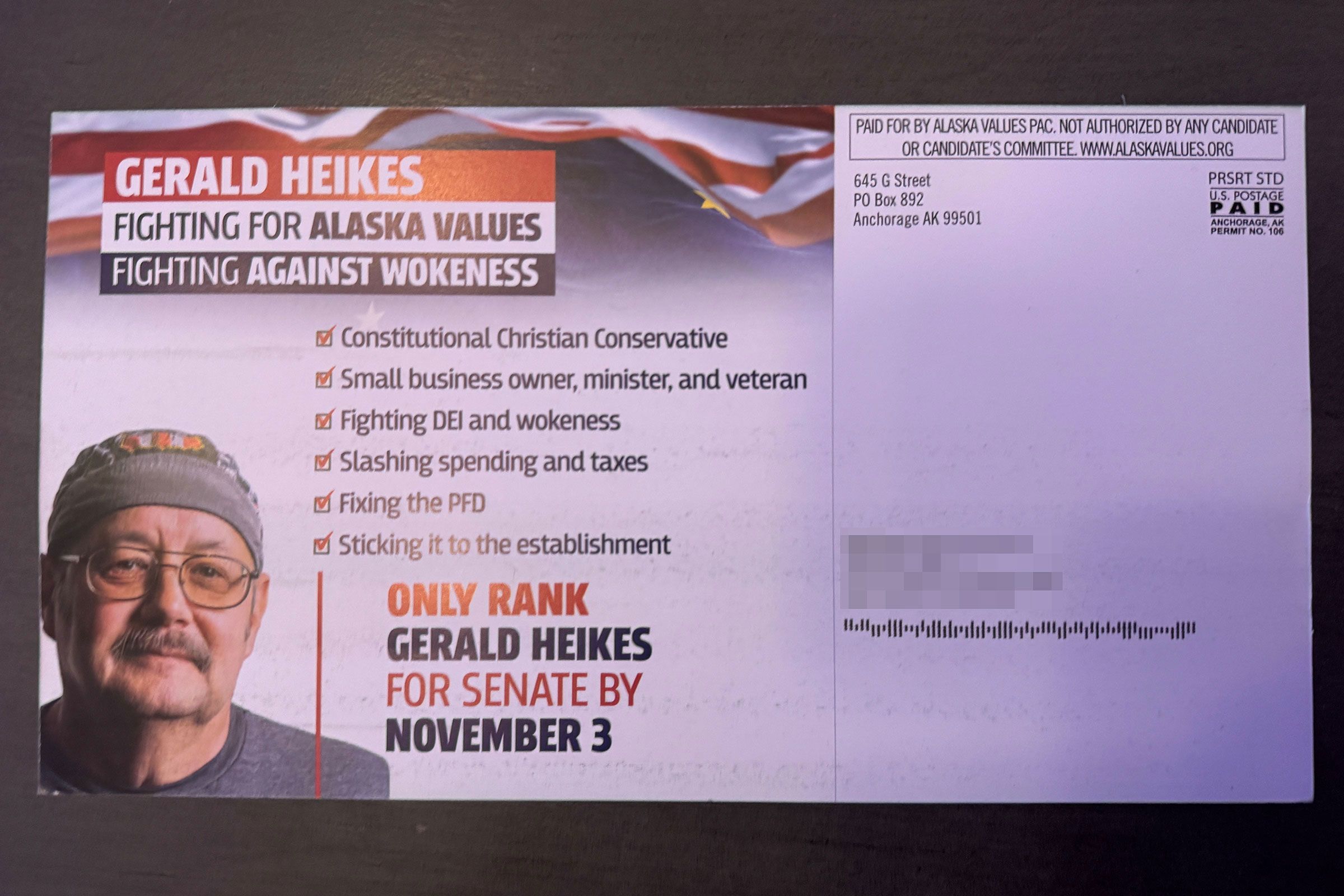 <i>Obtained by CNN via CNN Newsource</i><br/>This mail ad promoting Gerald Heikes says it was paid for by Alaska Values PAC. A portion of this image has been blurred by CNN to protect the identity of the recipient.