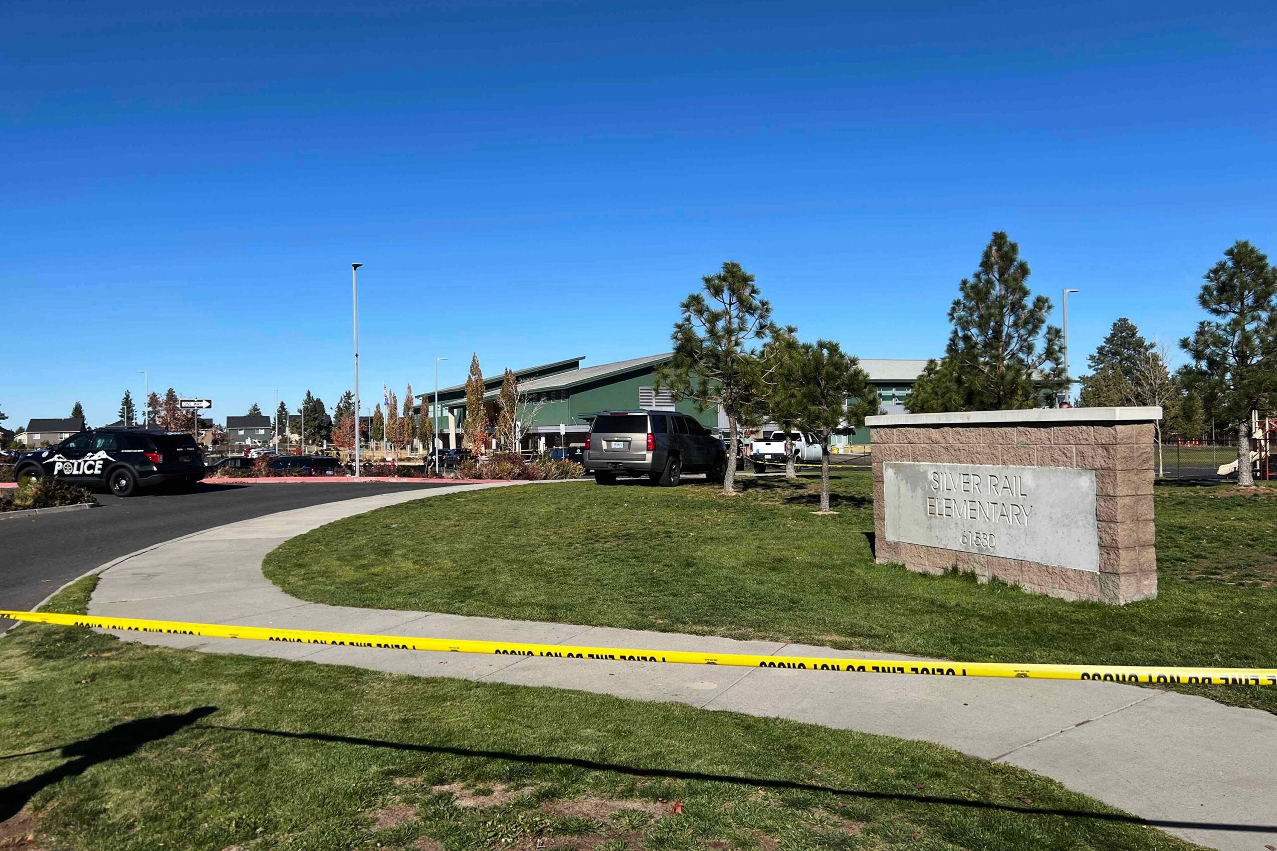 <i>Joe Kline/AP via CNN Newsource</i><br/>Police tape is placed outside Silver Rail Elementary school