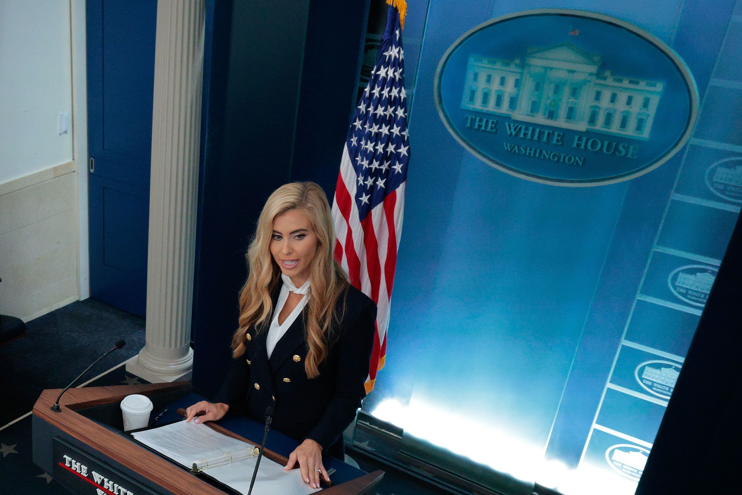 <i>Chip Somodevilla/Getty Images via CNN Newsource</i><br/>White House Press Secretary Katie Zacharia takes questions during her first briefing in the Brady Press Briefing Room of the White House