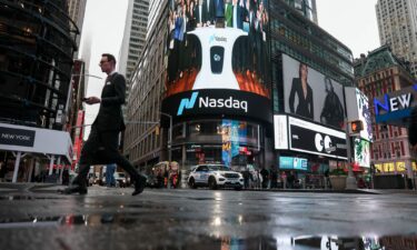 Signage at the Nasdaq MarketSite in New York City on October 16.