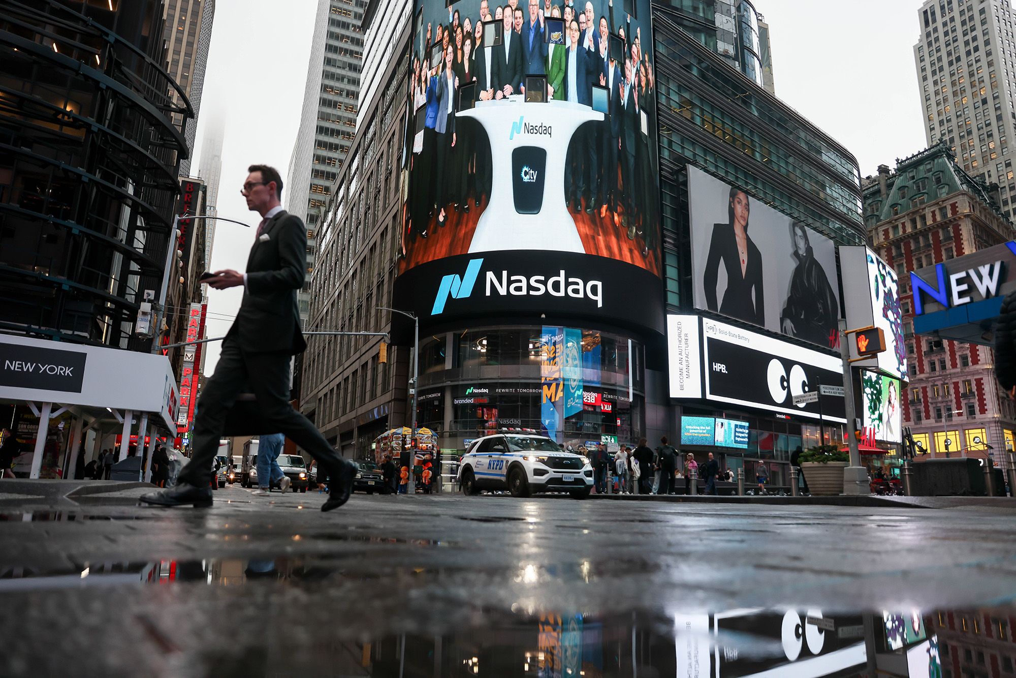 <i>Michael Nagle/Bloomberg/Getty Images via CNN Newsource</i><br/>Signage at the Nasdaq MarketSite in New York City on October 16.
