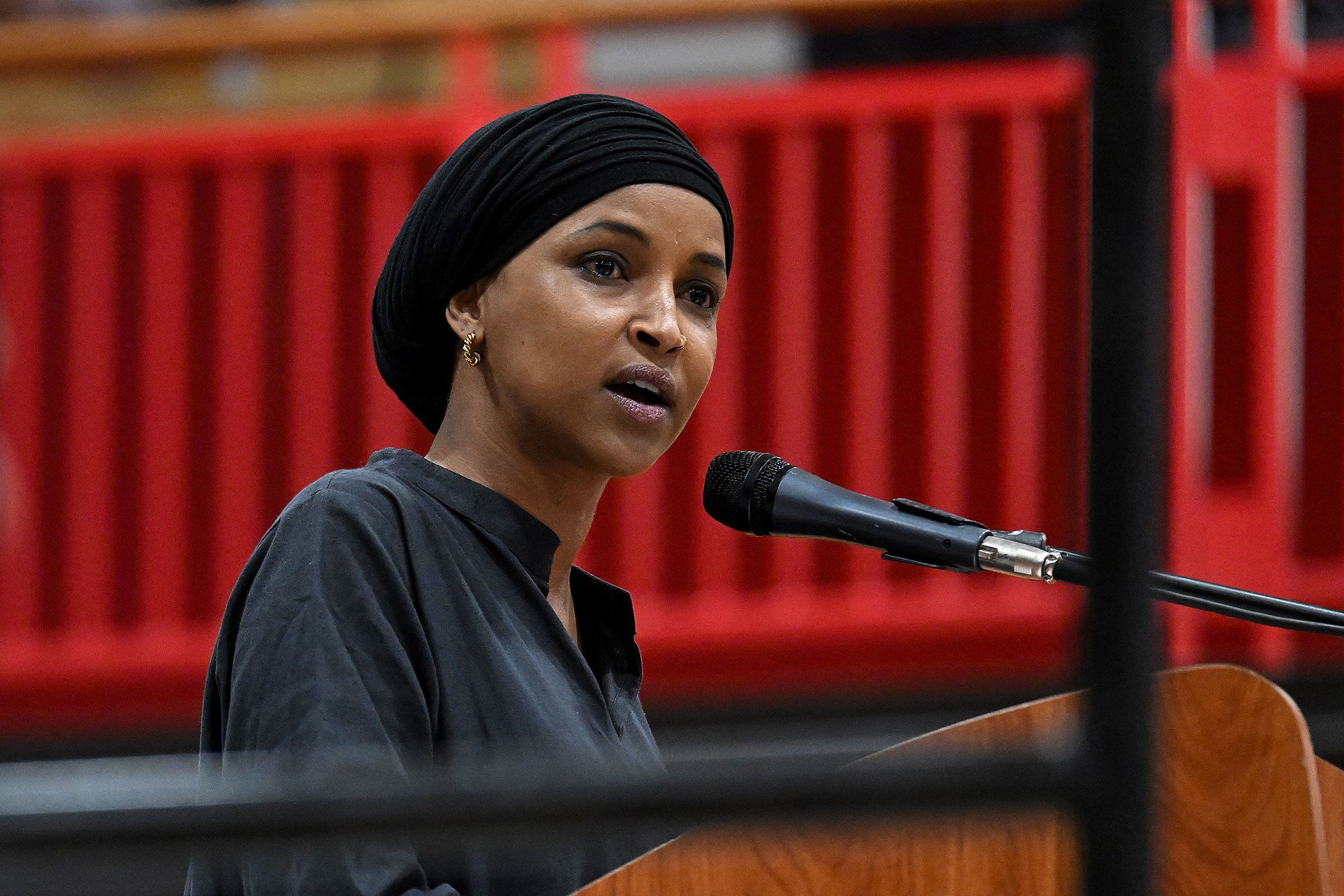 <i>Joshua Lott/Getty Images/File via CNN Newsource</i><br/>Rep. Ilhan Omar speaks during a campaign rally for Wisconsin gubernatorial candidate Francesca Hong