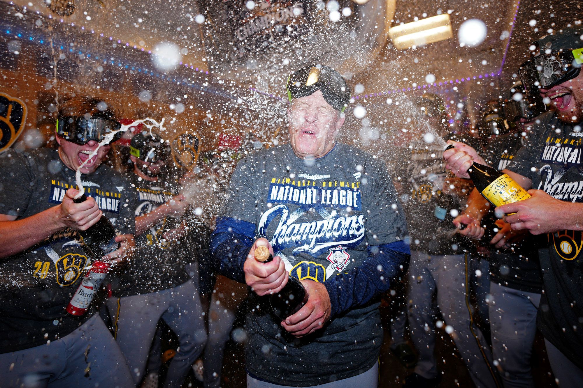 <i>Jared Wickerham/MLB Photos/Getty Images via CNN Newsource</i><br/>The Cleveland Guardians' Steven Kwan celebrates in the clubhouse after defeating the Chicago White Sox to advance to the American League Championship Series.