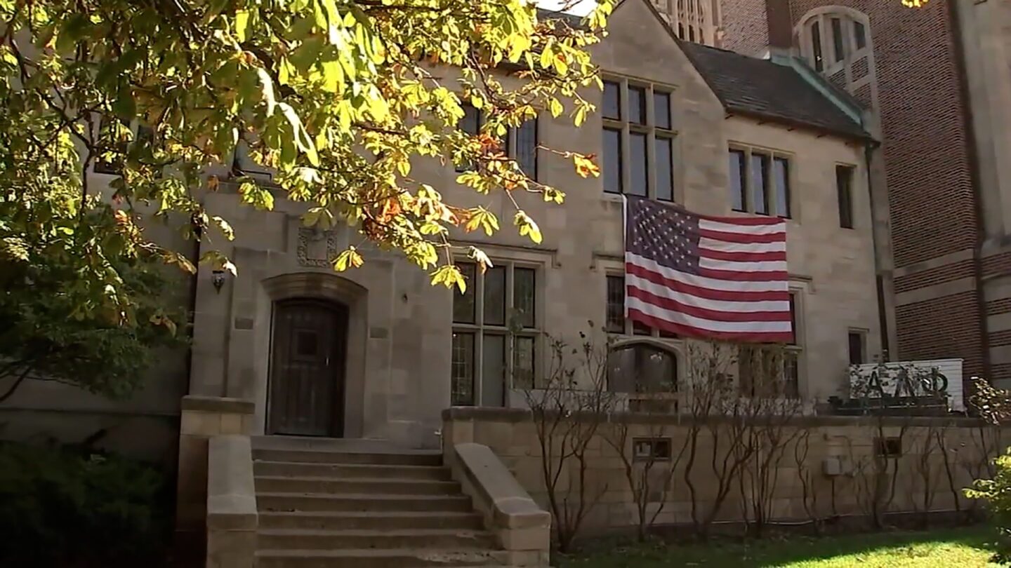 <i>WLS via CNN Newsource</i><br/>The Alpha Delta Phi fraternity house is seen near the University of Chicago Tuesday