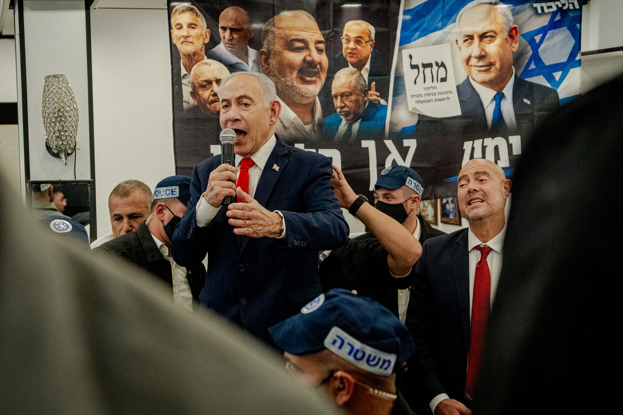 <i>Erik Marmor/Getty Images via CNN Newsource</i><br/>Israeli Prime Minister Benjamin Netanyahu speaks to local residents and supporters during a campaign stop at HaTikva Market in Tel Aviv on Thursday.