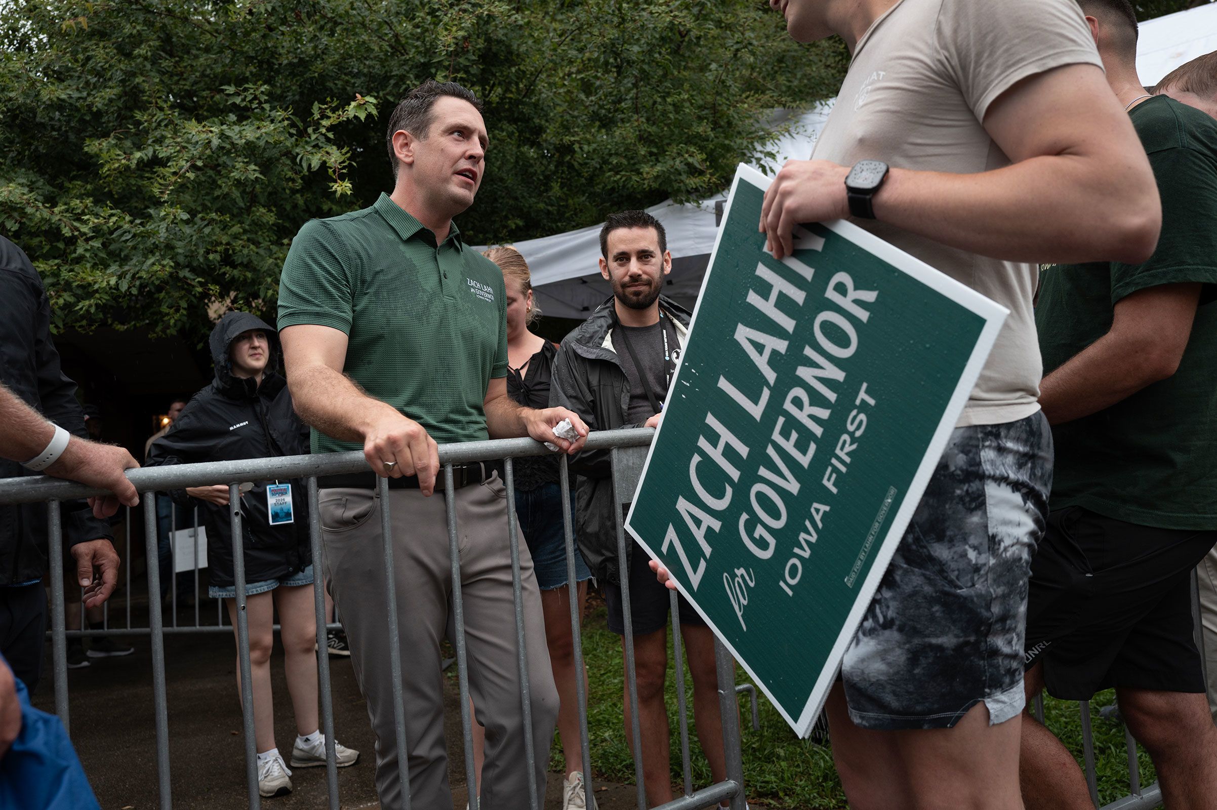 <i>Scott Olson/Getty Images via CNN Newsource</i><br/>Iowa Republican nominee for Governor Zach Lahn speaks to fairgoers at the Iowa State Fair on August 14.