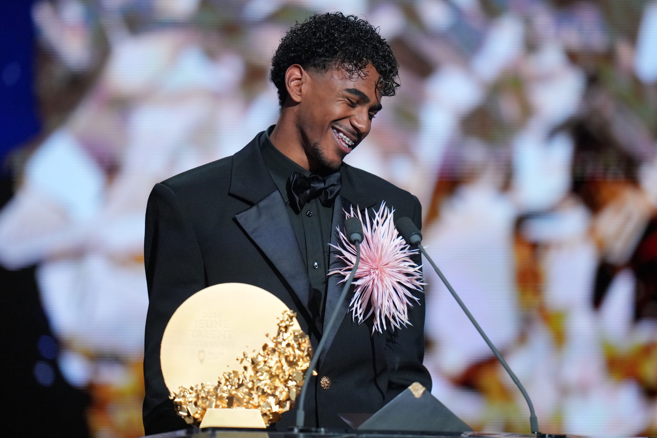 <i>Kin Cheung/AP via CNN Newsource</i><br/>Alèxia Putellas speaks after receiving the Ballon d'Or Féminin for the third time.