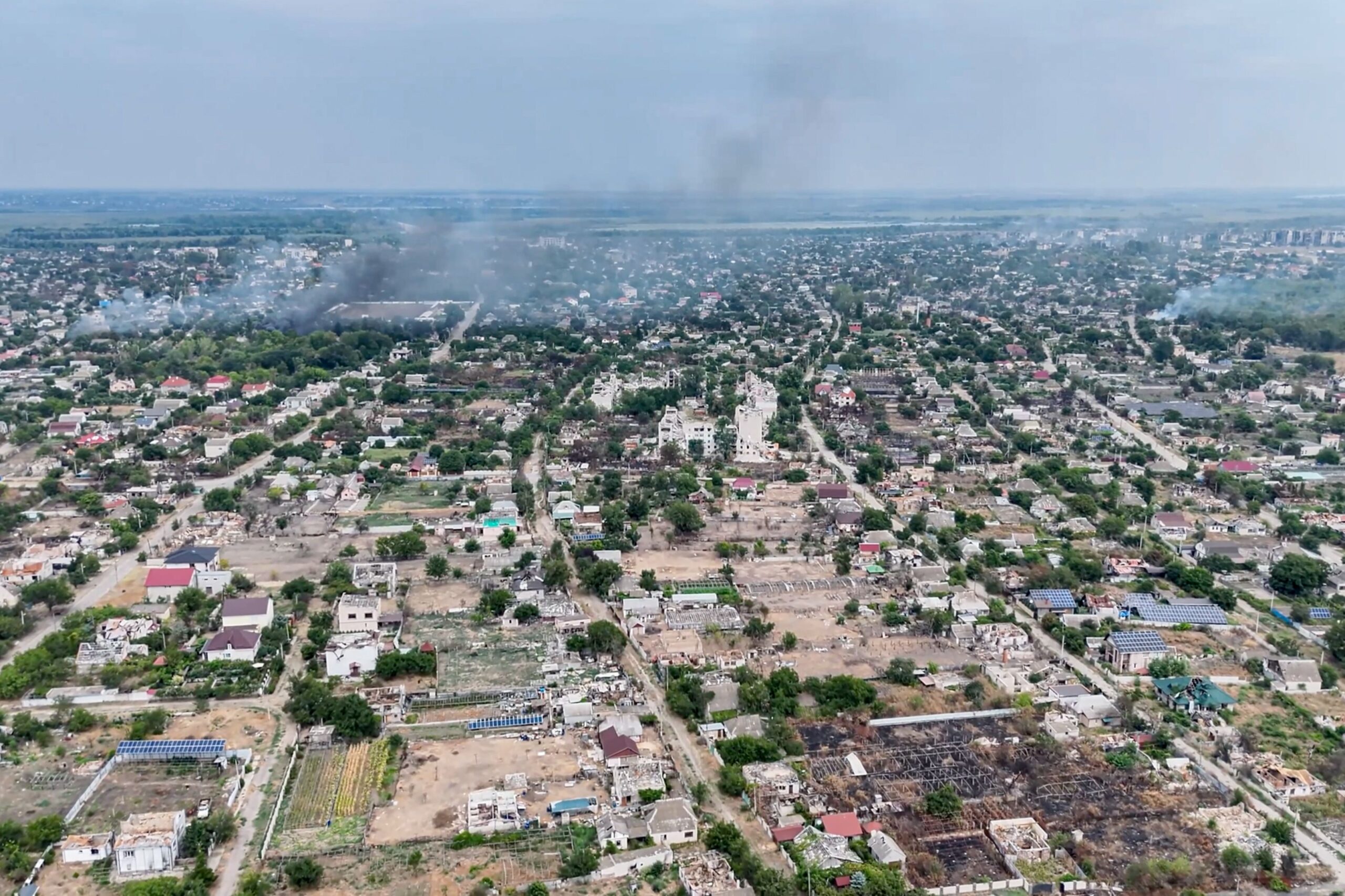 <i>Ukrainian 34th Separate Marine Brigade/AP via CNN Newsource</i><br/>Smoke rises from a residential neighborhood in the Russian-occupied city of Oleshky in the Kherson region of Ukraine on September 22
