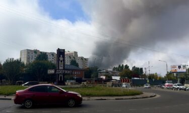 Smoke rises from the area of the Russian oil producer Gazprom Neft's Moscow oil refinery as seen from Dzerzhinsky in the Moscow region on September 20.