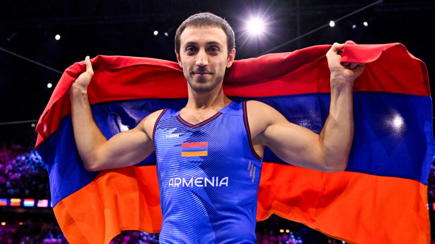 <i>NBC Olympics</i><br/>Artur Davtyan holds up Armenia flag behind him in celebration