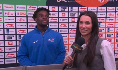 Athletes are interviewed at the 2026 World Gymnastics Championships.