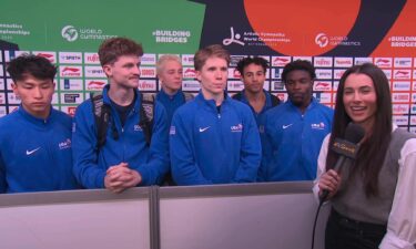 Athletes are interviewed at the 2026 World Gymnastics Championships.