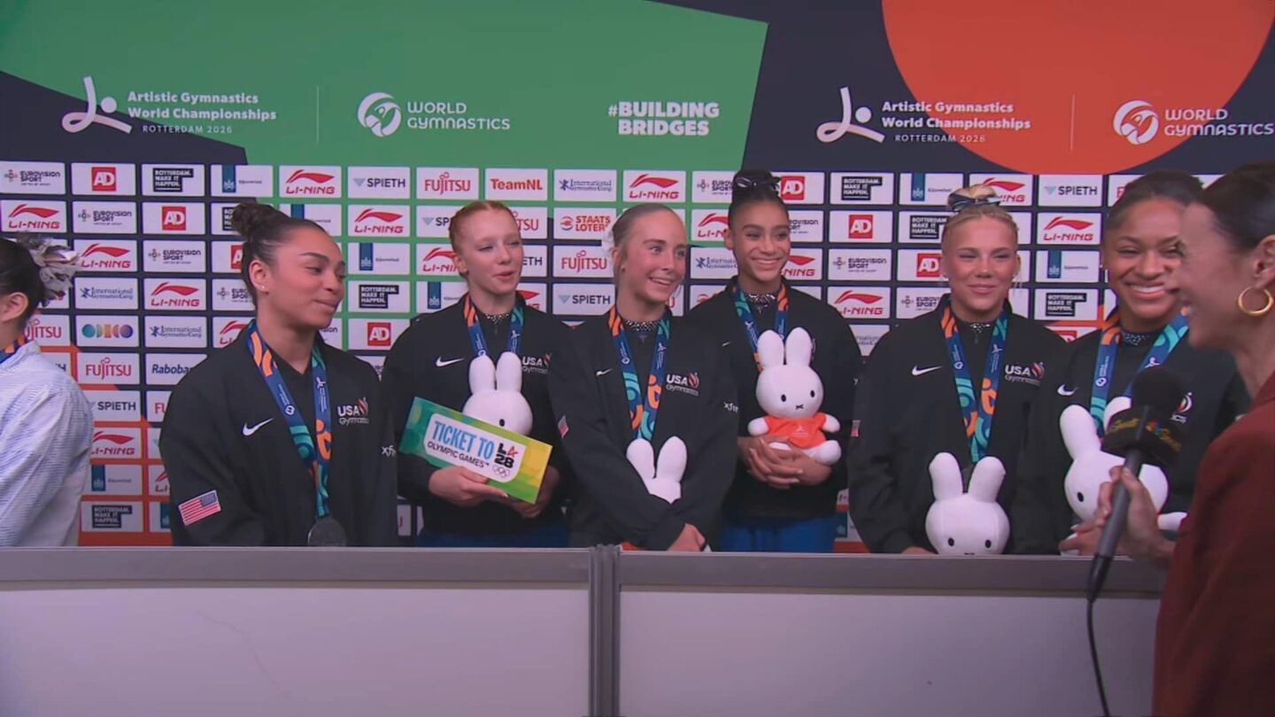 <i>NBC Olympics</i><br/>Athletes are interviewed at the 2026 World Gymnastics Championships.