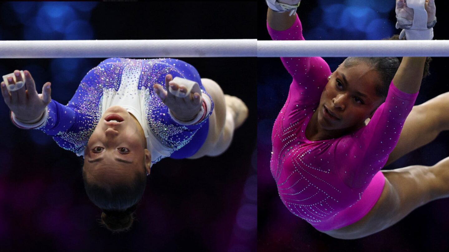 <i>NBC Olympics</i><br/>Side by side shots of Kaylia Nemour and Skye Blakely on the uneven bars