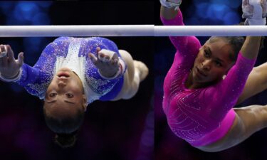 Side by side shots of Kaylia Nemour and Skye Blakely on the uneven bars