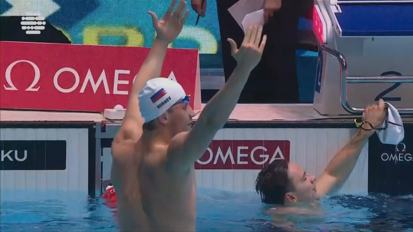 <i>NBC Olympics</i><br/>Egor Kornev reacts after winning the men's 100m freestyle at the World Aquatics Swimming World Cup stop in Baku