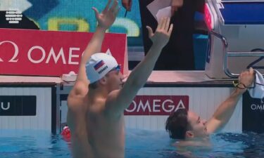 Egor Kornev reacts after winning the men's 100m freestyle at the World Aquatics Swimming World Cup stop in Baku