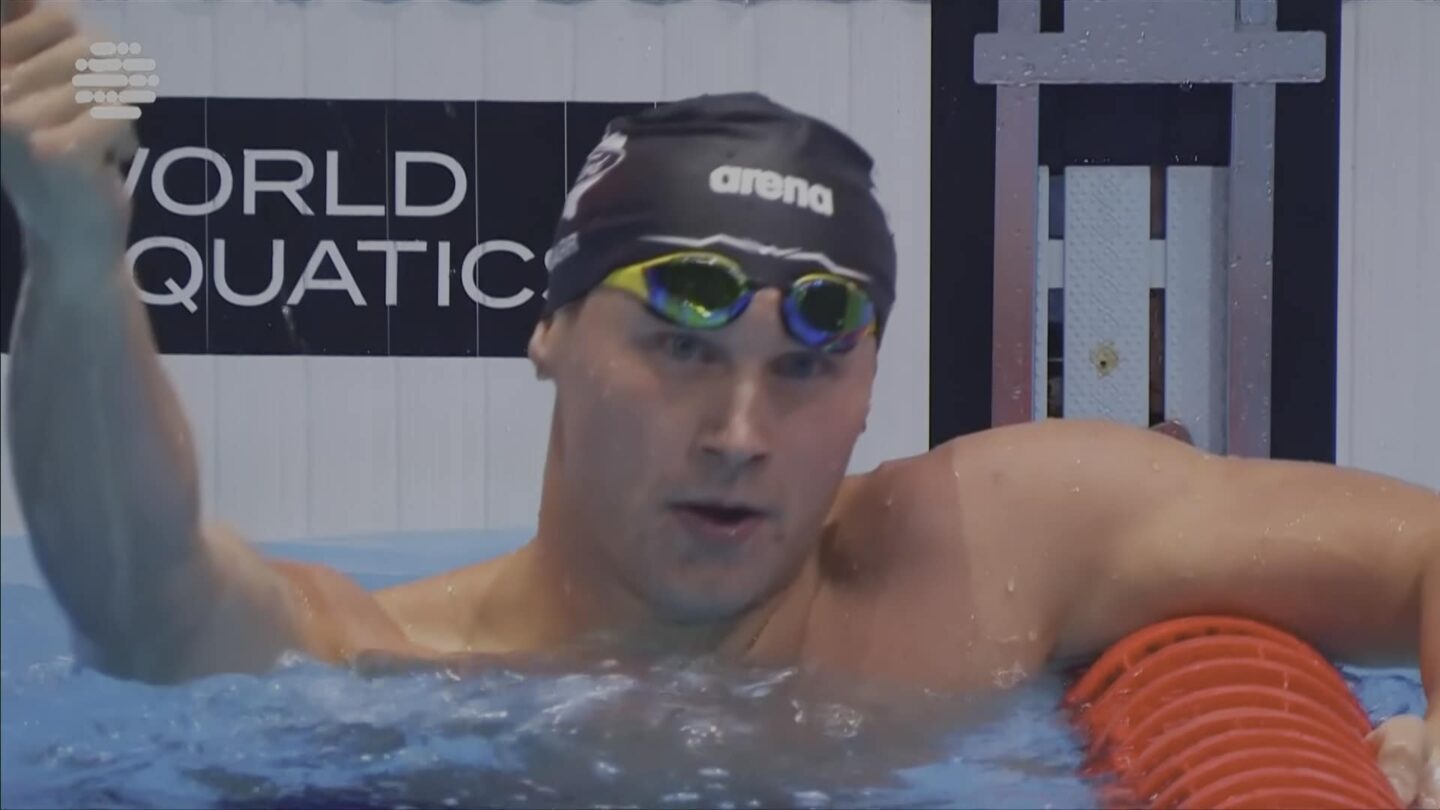 <i>NBC Olympics</i><br/>Luke Barr reacts after winning the men's 100m medley final at the World Aquatics World Cup stop in Baku