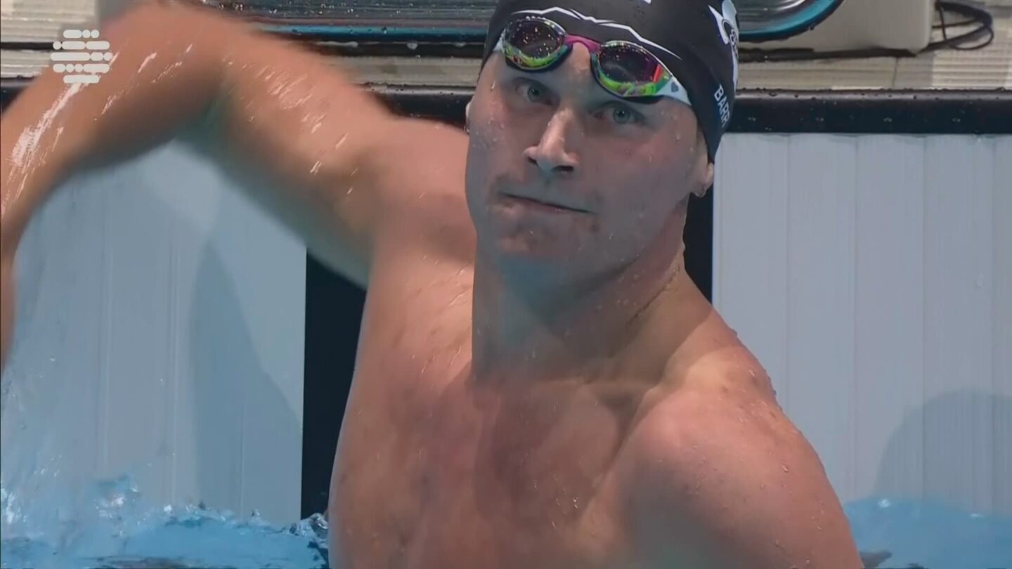 <i>NBC Olympics</i><br/>Luke Barr reacts after winning the men's 200m individual medley at the World Aquatics Swimming World Cup stop in Baku