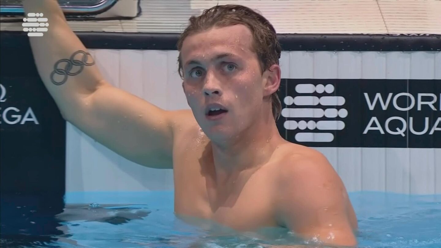 <i>NBC Olympics</i><br/>Carson Foster reacts after winning the men's 400m freestyle final at the World Aquatics World Cup stop in Baku